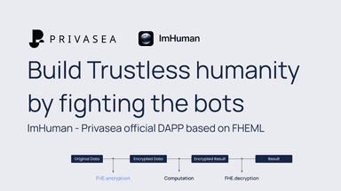 This image presents Privasea and ImHuman's mission: "Build Trustless humanity by fighting the bots." It explains that ImHuman is Privasea's official DAPP based on FHEML. The bottom of the image shows a simple flow diagram of the FHE process: Original Data → Encrypted Data → Encrypted Result → Result.